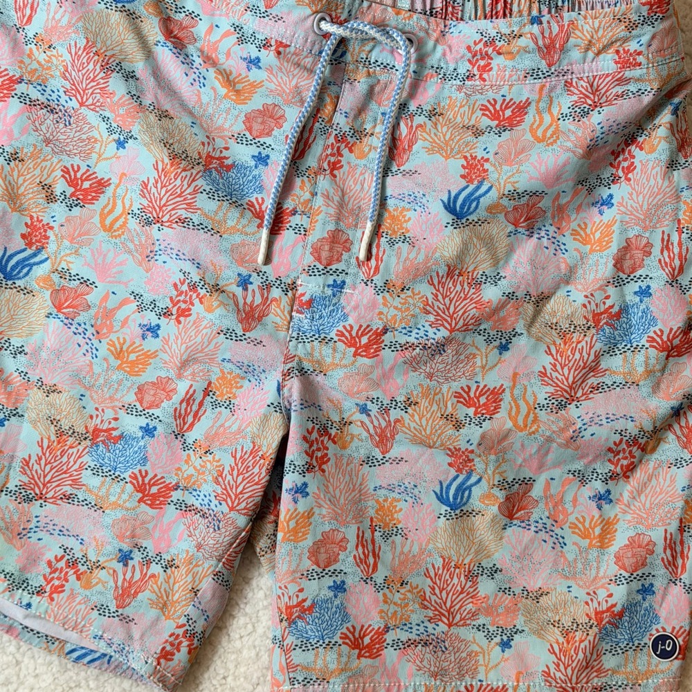 Johnnie-O Mens Large Marta Coral Reef Print Swim Trunks Blue Orange Aqua